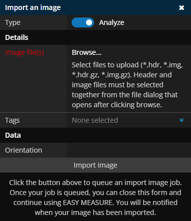 Import image panel with Analyze selected