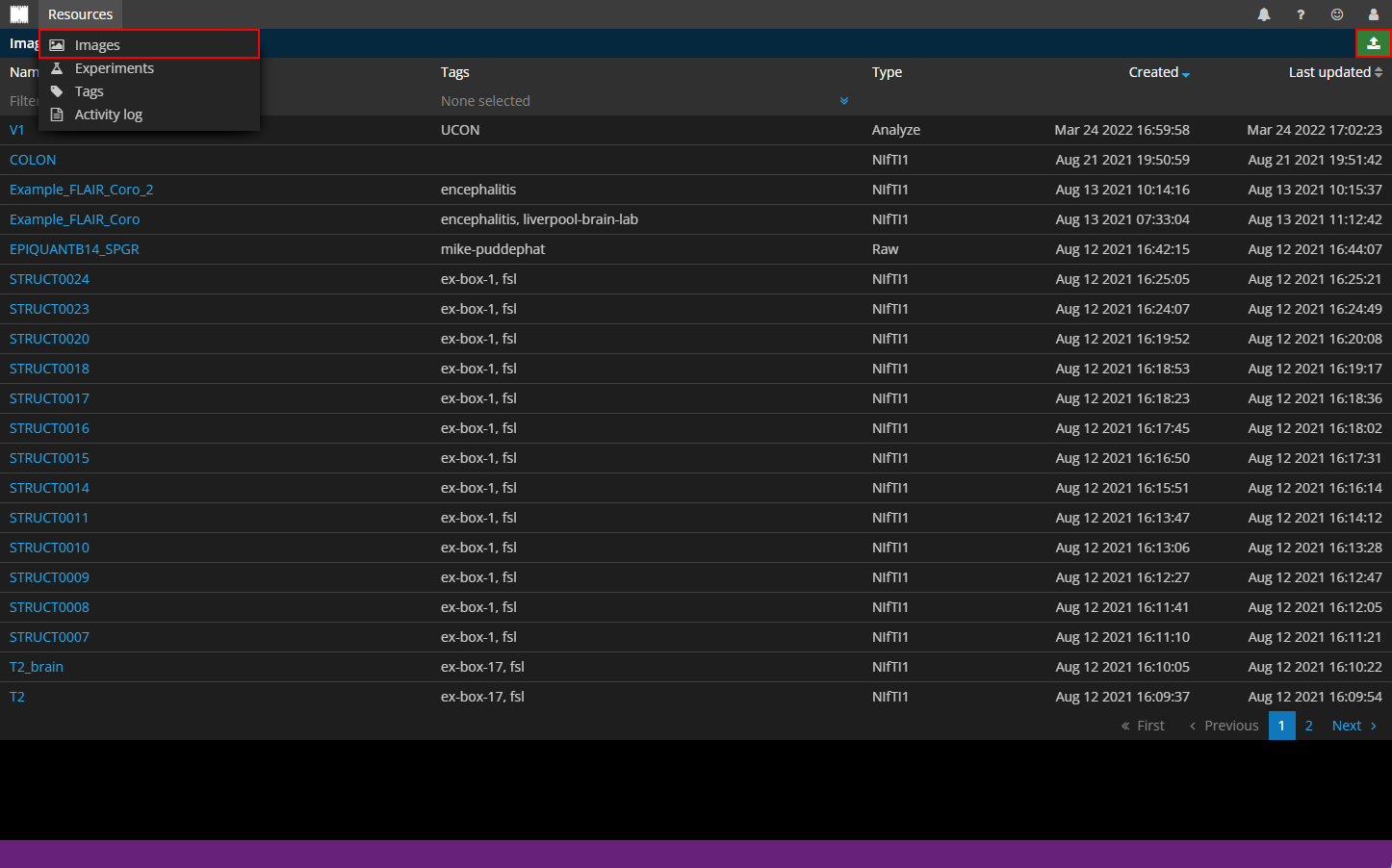 Image list, with import image icon highlighted