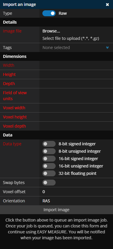 Import image panel with Raw selected